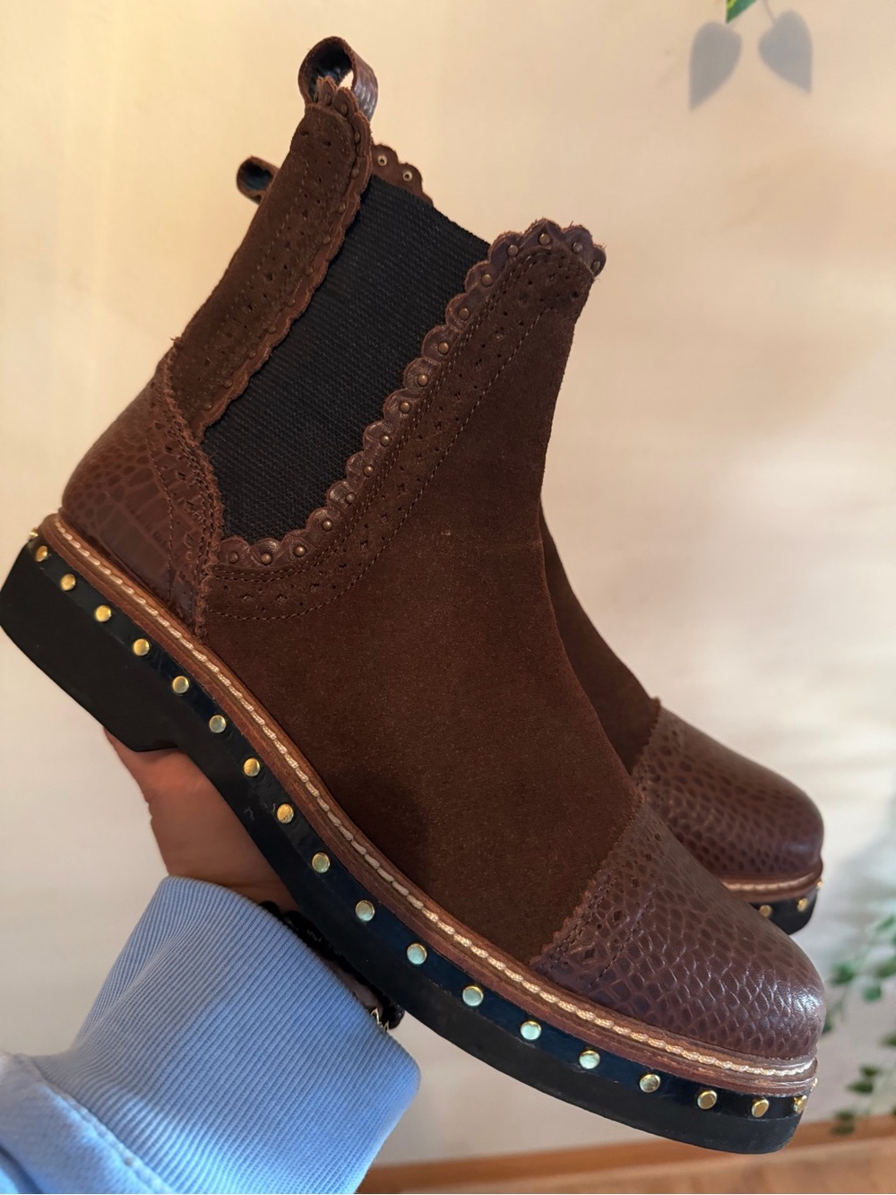 Free People Brown Suede & Textured Leather Studded Chelsea Booties